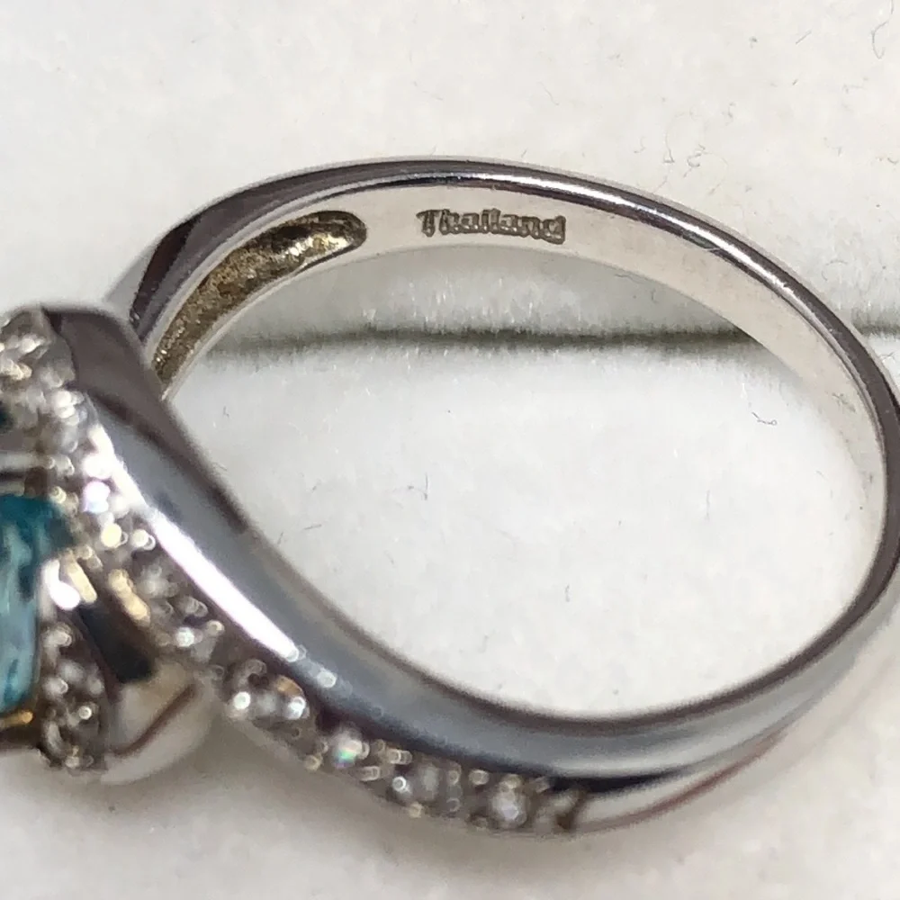 Blue Topaz Ring With Clear Stone Halo Sterling Silver Size 6 Dainty Feminine
